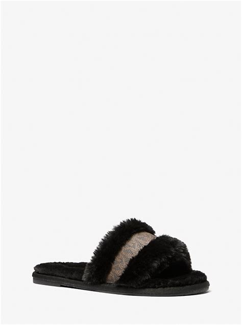 alexis slide de michael kors|Alexis Faux Fur and Metallic Signature Logo Slide Sandal.